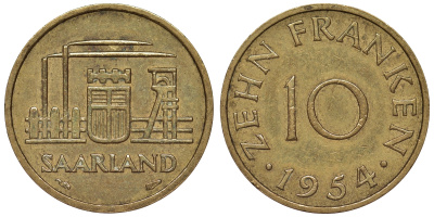 Саарланд 10 франков 1954 индустрия KM 1 алюминиевая бронза 4119-854