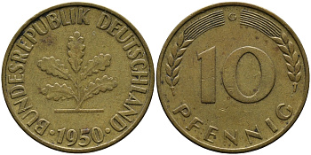 ФРГ 10 ПФЕННИГОВ 1950 G KM 108, J.383 сталь плакированная латунью 33-113