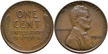 США 1 ЦЕНТ 1946 ЛИНКОЛЬН KM А132 медь цинк 4387-1241
