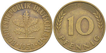 ФРГ 10 пфеннигов 1950 D KM 108, J. 383 сталь плакированная латунью 4513-853