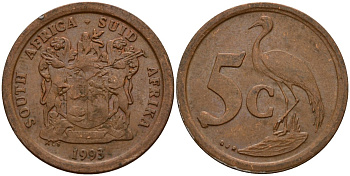 ЮАР 5 центов 1993 герб, райский журавль KM 134 сталь плакированная медью 4156-932