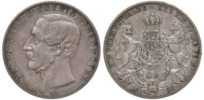 Брауншвейг-Каленберг-Ганновер 1 талер 1860 В, Георг V (1851-1866) КМ 230, AKS 144, Dav. 682, Kahnt 239, Thun 174 серебро 413-4522