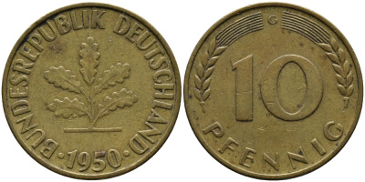 ФРГ 10 ПФЕННИГОВ 1950 G KM 108, J.383 сталь плакированная латунью 33-113
