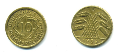 ГЕРМАНИЯ 10 РЕЙХСПФЕННИГОВ 1926 G KM 40, J. 317, Weege 9 алюминиевая бронза 23-811