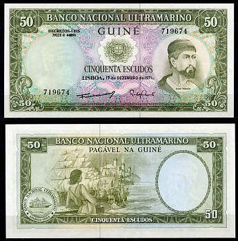 Португальская Гвинея 50 эскудо 1971 Нуну Триштан, корабль, женщина Pick 44 a (2)  бумага  UNC (пресс) 448-138-1