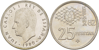 Испания 25 песет 1980 (80) чемпионат мира по футболу в Испании 1982 года, Хуан Карлос I ( 1975-) KM 818 медно-никель UNC 4185-816