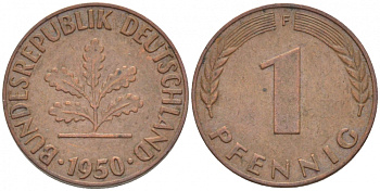 ФРГ 1 ПФЕННИГ 1950 F KM 105, J.380 сталь плакированная медью 112-927