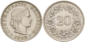 ШВЕЙЦАРИЯ 20 РАППЕНОВ 1958 В KM 29а медно-никель 190-451