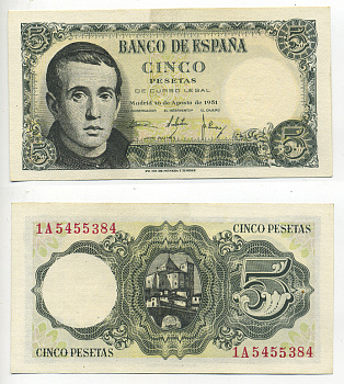 ИСПАНИЯ 5 ПЕСЕТ 1951 16 АВГУСТА 1951, ХАЙМЕ БАЛЬМЕС Pick 140a бумага UNC (ПРЕСС) 6278-10-1