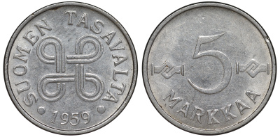 Финляндия 5 марок 1959 KM 37a никелированное железо 3334-1214