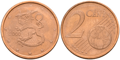 Финляндия 2 евроцента 2000  KM 99 сталь плакированная медью  UNC  4564-364