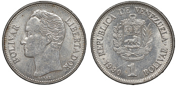 Венесуэла 1 боливар 1990 Y 52 a сталь плакированная никелем 4606-541
