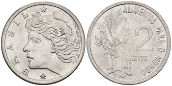БРАЗИЛИЯ 2 СЕНТАВО 1975 FAO, ГОЛОВА СВОБОДЫ ВЛЕВО KM 586 нержавеющая сталь 187-531
