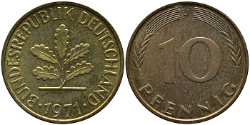 ФРГ 10 ПФЕННИГОВ 1971 J KM 108, J.383 сталь плакированная латунью 98-442