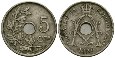 Бельгия 5 сантимов 1920 ROYAUME DE BELGIQUE KM 66 медно-никель 4164-1031