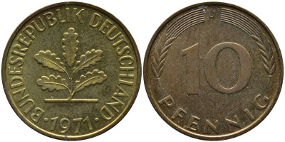 ФРГ 10 ПФЕННИГОВ 1971 J KM 108, J.383 сталь плакированная латунью 98-442