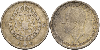 Швеция 1 крона 1943 G, Густав V (1907-1950) KM 814 серебро 4148-957
