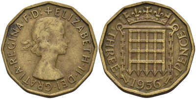 Великобритания 3 пенса 1956 Елизавета II (1952-2022) KM 900, Spink 4153 никель латунь   4603-145