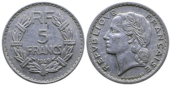 Франция 5 франков 1949 тип Лаврийе KM 888b.1, LE FRANC 339.17 алюминий 4364-4326