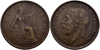 Великобритания 1 пенни 1927 Георг V (1910-1936) КМ 826, Spink 4054 бронза 4389-932