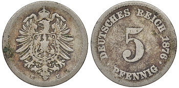 Германия 5 пфеннигов 1876 E, старогербовка KM 3, J. 3 медно-никель 51-3137