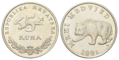 Хорватия 5 кун 2001 бурый медведь, легенда на хорватском KM 11 медь цинк никель aUNC 4624-455