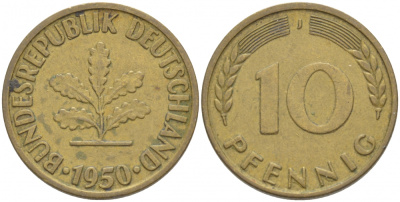 ФРГ 10 ПФЕННИГОВ 1950 J KM 108, J.383 сталь плакированная латунью 4539-917