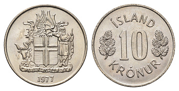 Исландия 10 крон 1977 KM 15 медно-никель UNC 4586-1152