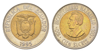 Эквадор 100 сукре 1995 200 лет со дня рождения Антонио Хосе де Сукре KM 96 биметалл 4640-1247