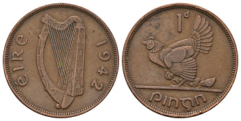 Ирландия 1 пенни 1942 курица с цыплятами KM 11 бронза 4512-934