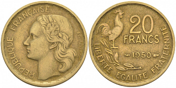 ФРАНЦИЯ 20 ФРАНКОВ 1950 4 ПЕРА KM 917.1, LE FRANC 402.3 алюминиевая бронза 186-357