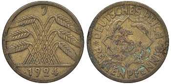 Германия 5 рентенпфеннигов 1924 F KM 32, J. 308 алюминиевая бронза 4602-958