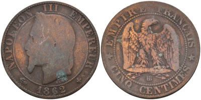 Франция 5 сантимов 1862 ВВ, Наполеон III 1852-1870() KM 797.2, Le Franc 117.9 бронза 4126-625