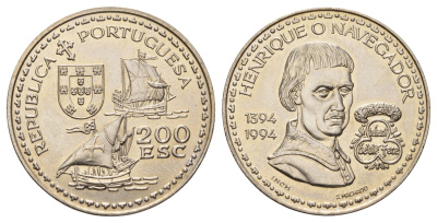 Португалия 200 эскудо 1994 600 лет со дня рождения Генриха Мореплавателя KM 670 медно-никель UNC 74-835