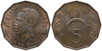 Танзания 5 центов 1966 тунец KM 1 бронза 4577-1131