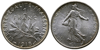 Франция 1 франк 1918 сеятель KM 844.1, Le Franc 217.24 серебро UNC 259-722