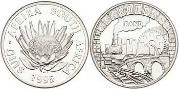 ЮАР 1 ранд 1995 100 ЛЕТ ЖЕЛЕЗНОЙ ДОРОГЕ ПРЕТОРИЯ - ДЕЛАГОА KM 152 серебро UNC 01-076-24