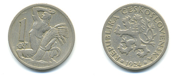 ЧЕХОСЛОВАКИЯ 1 КРОНА 1924 ЖЕНЩИНА СО СНОПОМ И СЕРПОМ KM 4 медно-никель 89-1713