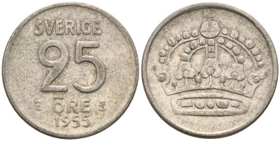 Швеция 25 эре 1955 TS, Густав VI Адольф (1950-1973) KM 824 серебро 4147-1042
