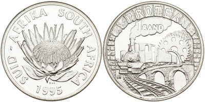 ЮАР 1 ранд 1995 100 ЛЕТ ЖЕЛЕЗНОЙ ДОРОГЕ ПРЕТОРИЯ - ДЕЛАГОА KM 152 серебро UNC 00-00