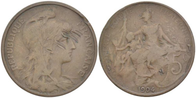 ФРАНЦИЯ 5 САНТИМОВ 1904 ТИП ДАНИЭЛЬ ДЮПЮИ KM 842, LE FRANC 119.14 бронза 217-224