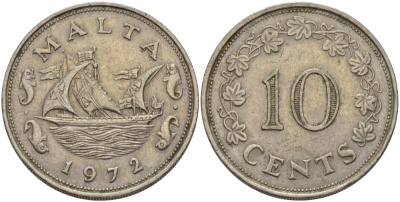 Мальта 10 центов 1972 баржа Великого магистра KM 11 медно-никель 82-425