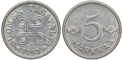 Финляндия 5 марок 1957 KM 37a никелированное железо 3334-1212