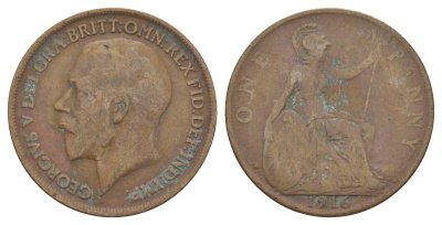 Великобритания 1 пенни 1916 Георг V (1910-1936) KM 810, Spink 4051 бронза 4634-925