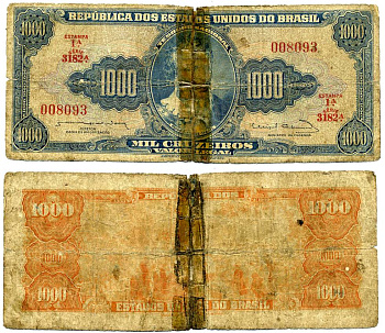 БРАЗИЛИЯ 1000 КРУЗЕЙРО 1963 ПОДПИСЬ 12, СЕРИЯ 3182, ESTAMPA 1A Pick 173c бумага G 7220-59-2