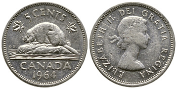 КАНАДА 5 ЦЕНТОВ 1964 ЕЛИЗАВЕТА II, БОБЕР KM 57 никель 93-122