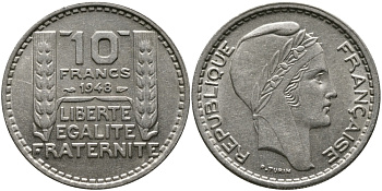 Франция 10 франков 1948 тип Пьер Турин KM 909.1, Le Franc 362.3 медно-никель 4610-614