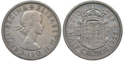 Великобритания 1/2 кроны 1955 Елизавета II (1952-2022) KM 907, Spink 4145 медно-никель 4131-626