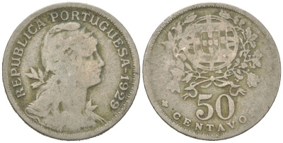 Португалия 50 сентаво 1929 голова Свободы вправо KM 577 медно-никель 4615-831