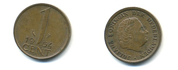 Нидерланды 1 цент 1964 Юлиана (1949-1980) KM 180 бронза 80-958
